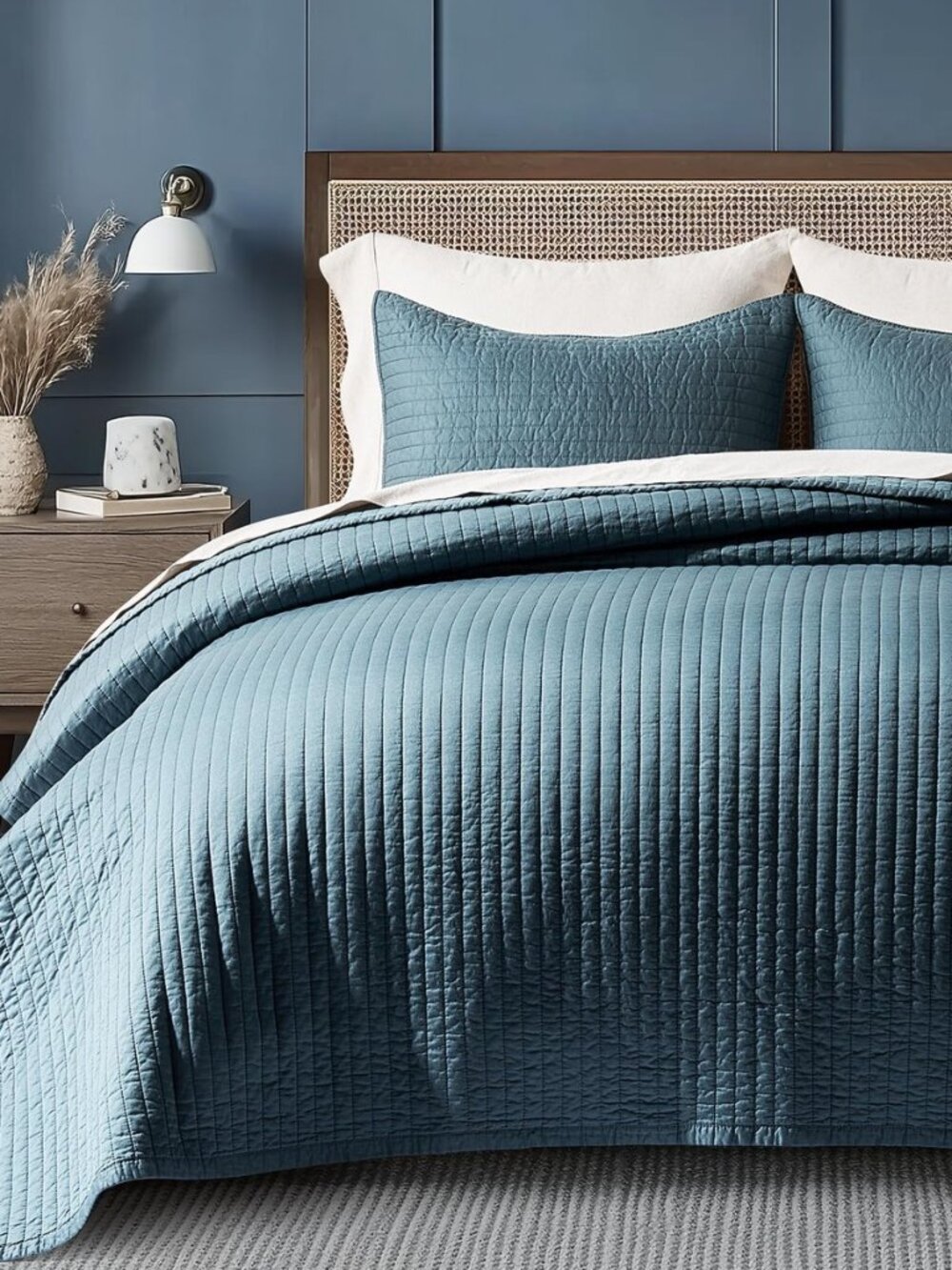 EVERGRACEHOME Cotton Sateen Quilt Set, Queen Size, Sonoma Blue